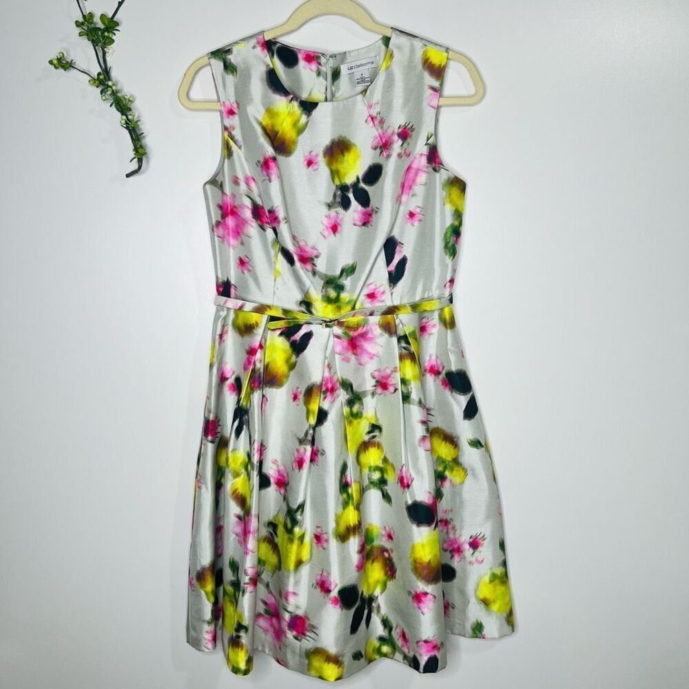 Liz Claiborne White Gray Pink Yellow Floral Tank Dress Belt